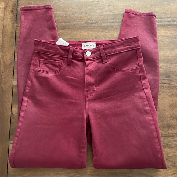 L’AGENCE MARGOT COATED skinny JEANS IN DARK BERRY burgundy SIZE 26 - Picture 4 of 14
